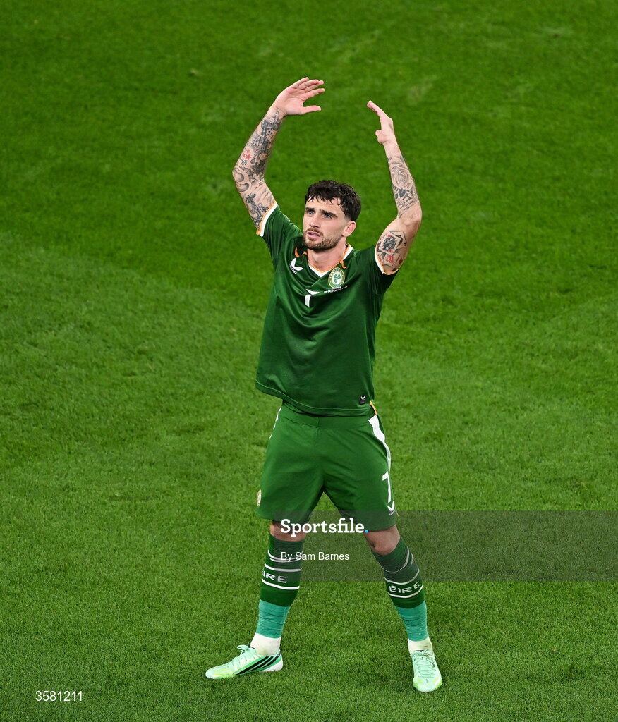 1 October 2026; Troy Parrott of Republic of Ireland celebrates after scoring his and his side's second goal, a penalty, during the UEFA Nations League B match between the Republic of Ireland and Austria at the Aviva Stadium in Dublin. Photo by Sam Barnes/Sportsfile