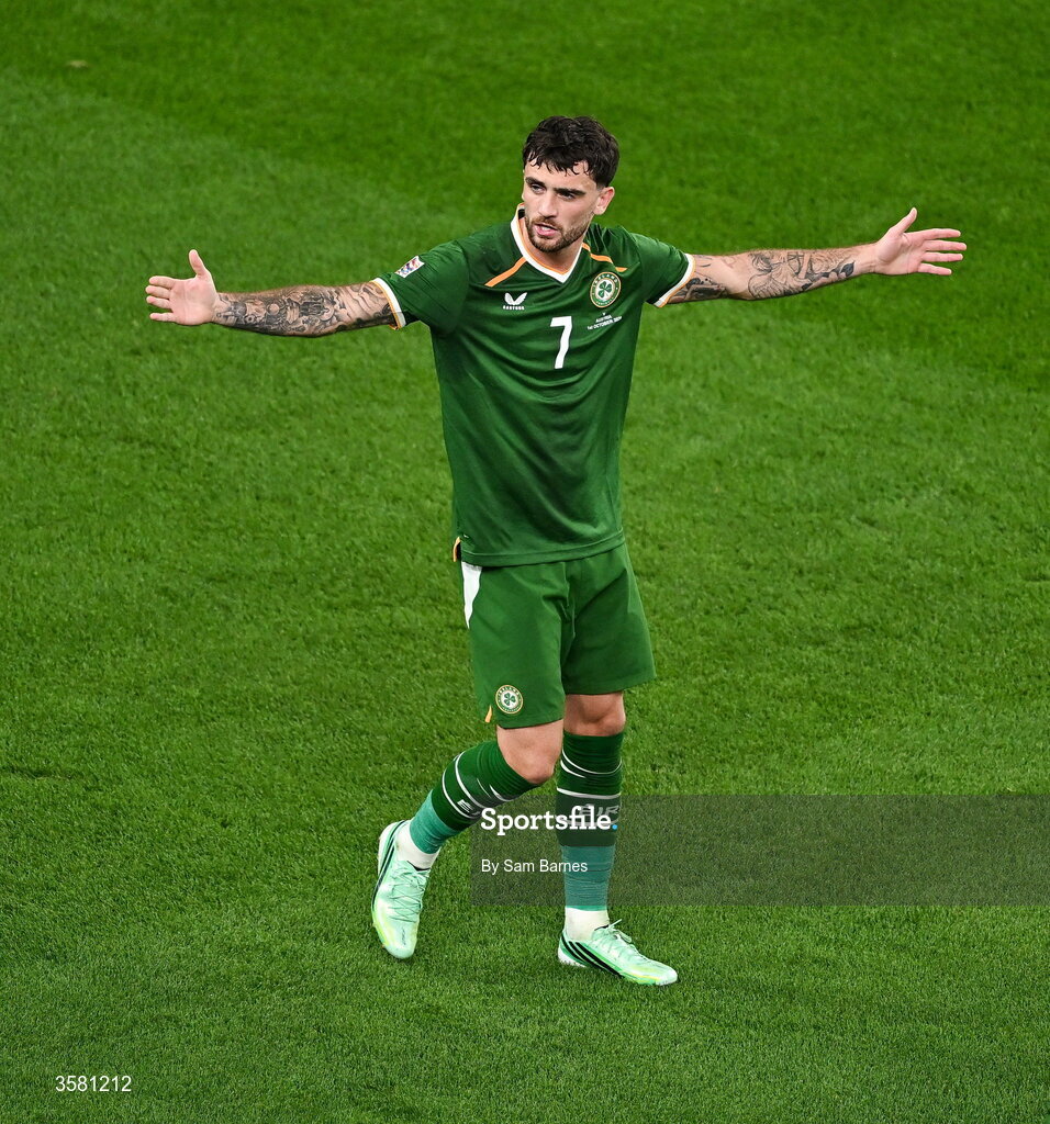 1 October 2026; Troy Parrott of Republic of Ireland celebrates after scoring his and his side's second goal, a penalty, during the UEFA Nations League B match between the Republic of Ireland and Austria at the Aviva Stadium in Dublin. Photo by Sam Barnes/Sportsfile