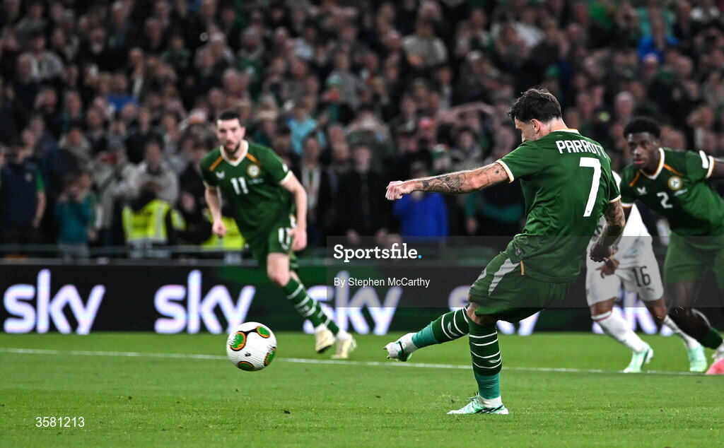 1 October 2026; Troy Parrott of Republic of Ireland scores his and his side's second goal during the UEFA Nations League B match between the Republic of Ireland and Austria at the Aviva Stadium in Dublin. Photo by Stephen McCarthy/Sportsfile