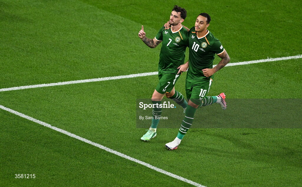 1 October 2026; Troy Parrott of Republic of Ireland, left, celebrates with teammate Adam Idah after scoring his and his side's second goal, a penalty, during the UEFA Nations League B match between the Republic of Ireland and Austria at the Aviva Stadium in Dublin. Photo by Sam Barnes/Sportsfile