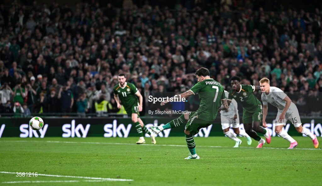 1 October 2026; Troy Parrott of Republic of Ireland scores his and his side's second goal during the UEFA Nations League B match between the Republic of Ireland and Austria at the Aviva Stadium in Dublin. Photo by Stephen McCarthy/Sportsfile