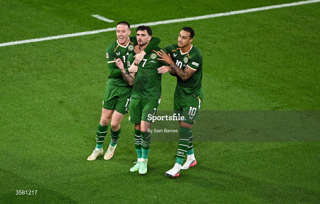1 October 2026; Troy Parrott of Republic of Ireland, centre, celebrates with teammates Jack Moylan, left, and Adam Idah after scoring his and his side's second goal, a penalty, during the UEFA Nations League B match between the Republic of Ireland and Austria at the Aviva Stadium in Dublin. Photo by Sam Barnes/Sportsfile