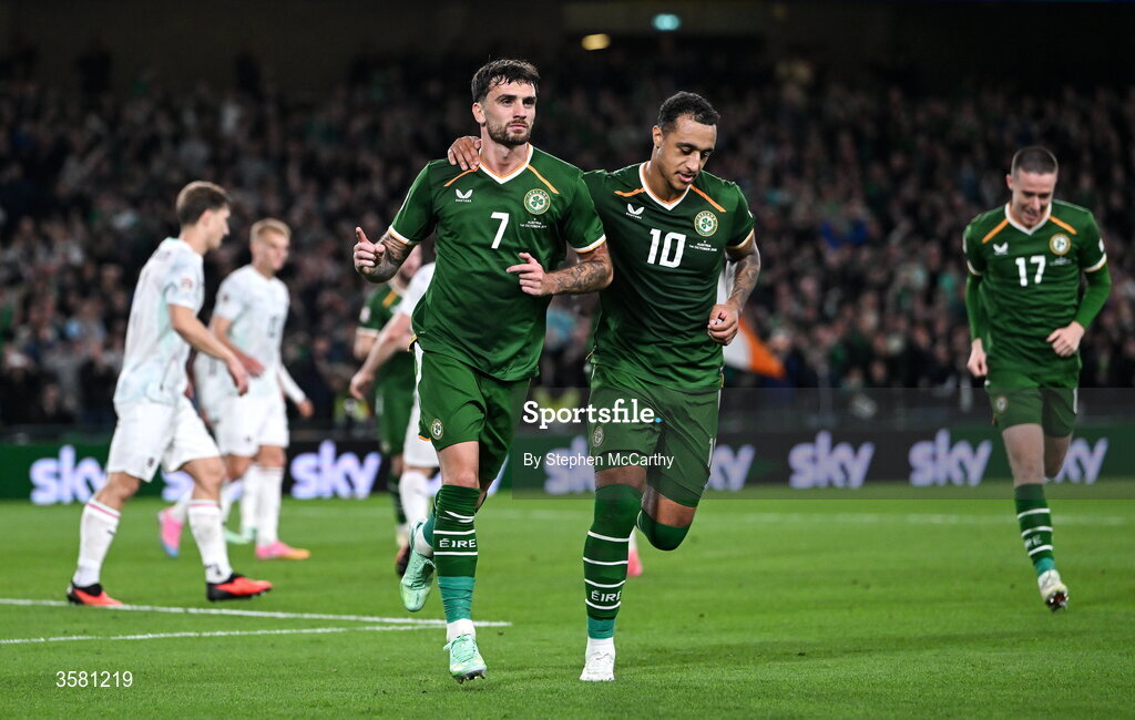 1 October 2026; Troy Parrott of Republic of Ireland, left, celebrates with teammate Adam Idah, after scoring his and their side's second goal during the UEFA Nations League B match between the Republic of Ireland and Austria at the Aviva Stadium in Dublin. Photo by Stephen McCarthy/Sportsfile