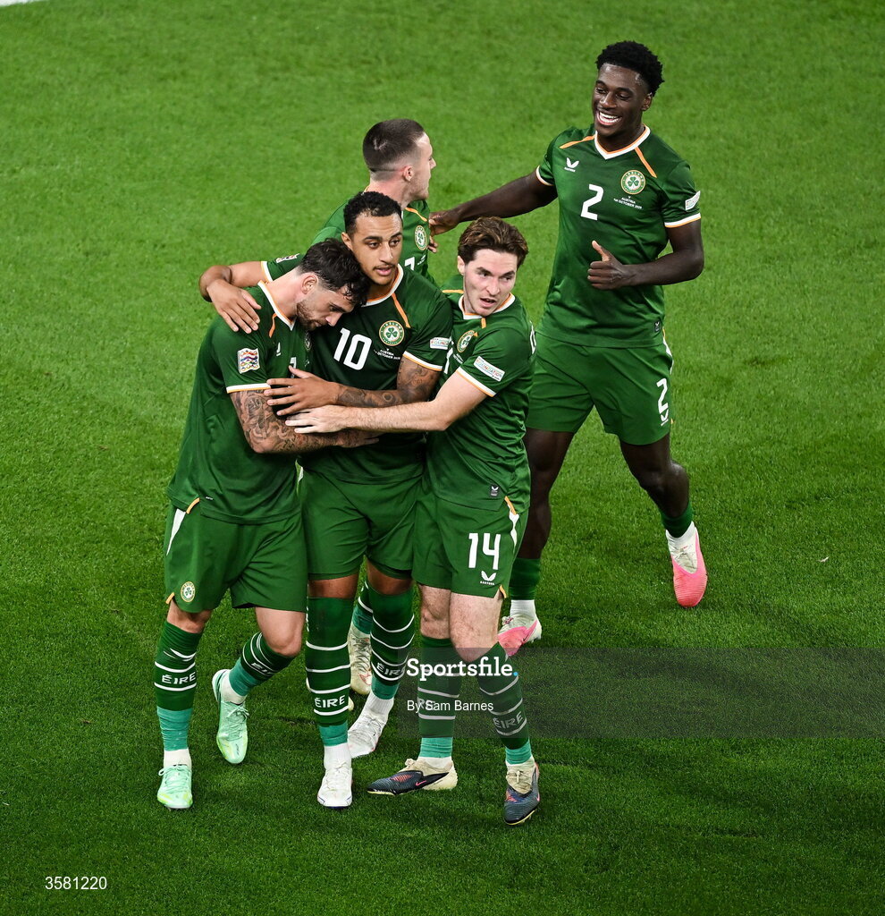 1 October 2026; Troy Parrott of Republic of Ireland, left, celebrates with teammates Adam Idah, centre, and Conor Coventry after scoring his and his side's second goal, a penalty, during the UEFA Nations League B match between the Republic of Ireland and Austria at the Aviva Stadium in Dublin. Photo by Sam Barnes/Sportsfile