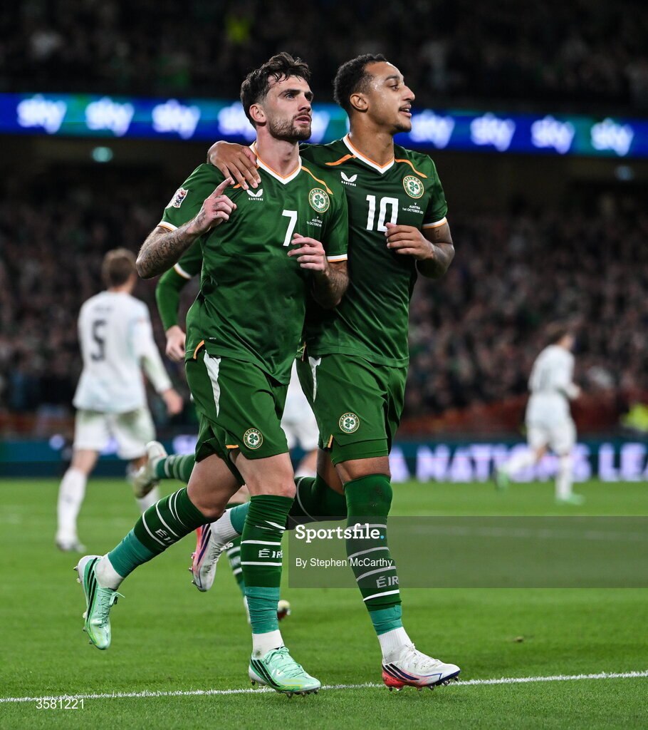 1 October 2026; Troy Parrott of Republic of Ireland, left, celebrates with teammate Adam Idah, after scoring his and their side's second goal during the UEFA Nations League B match between the Republic of Ireland and Austria at the Aviva Stadium in Dublin. Photo by Stephen McCarthy/Sportsfile