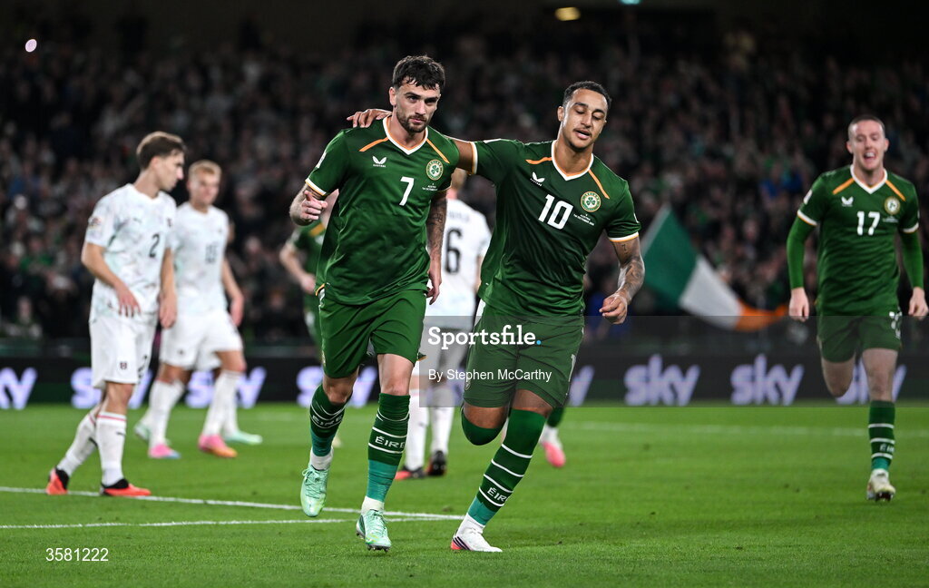 1 October 2026; Troy Parrott of Republic of Ireland, left, celebrates with teammate Adam Idah, after scoring his and their side's second goal during the UEFA Nations League B match between the Republic of Ireland and Austria at the Aviva Stadium in Dublin. Photo by Stephen McCarthy/Sportsfile
