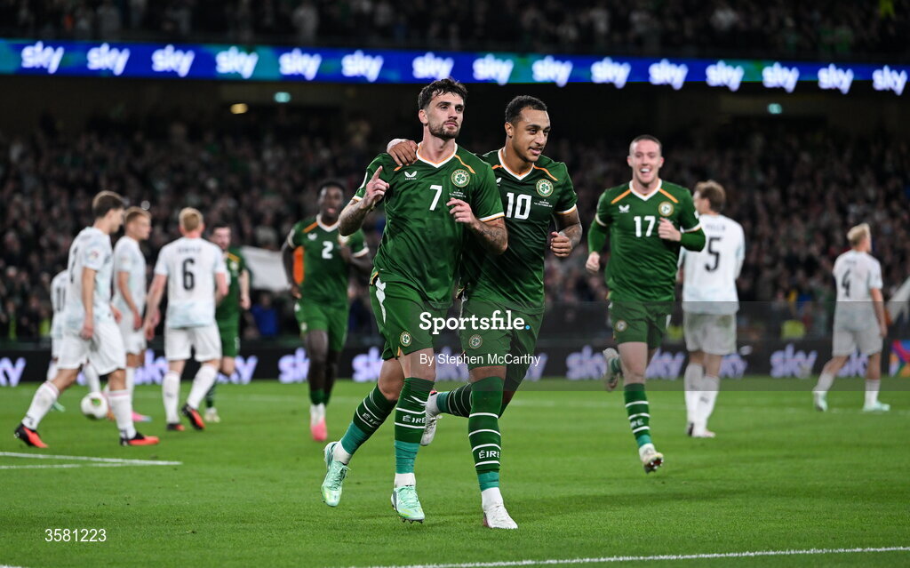 1 October 2026; Troy Parrott of Republic of Ireland, left, celebrates with teammate Adam Idah, after scoring his and their side's second goal during the UEFA Nations League B match between the Republic of Ireland and Austria at the Aviva Stadium in Dublin. Photo by Stephen McCarthy/Sportsfile