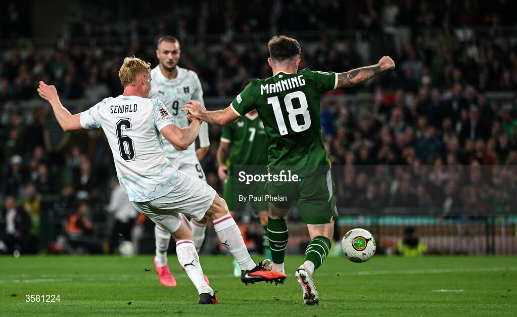 1 October 2026; Ryan Manning of Republic of Ireland is fouled by Nicolas Seiwald of Austria which resulted in a penalty kick being given to the Republic of Ireland during the UEFA Nations League B match between the Republic of Ireland and Austria at the Aviva Stadium in Dublin. Photo by Paul Phelan/Sportsfile