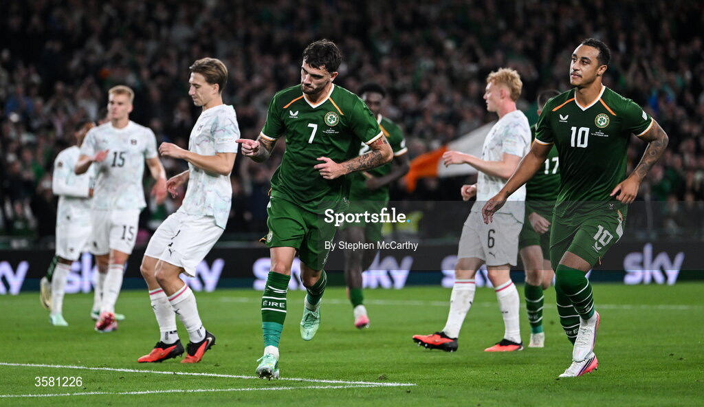 1 October 2026; Troy Parrott of Republic of Ireland celebrates after scoring his and his side's second goal during the UEFA Nations League B match between the Republic of Ireland and Austria at the Aviva Stadium in Dublin. Photo by Stephen McCarthy/Sportsfile