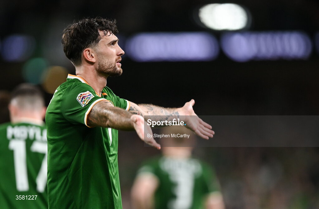 1 October 2026; Troy Parrott of Republic of Ireland celebrates after scoring his and his side's second goal during the UEFA Nations League B match between the Republic of Ireland and Austria at the Aviva Stadium in Dublin. Photo by Stephen McCarthy/Sportsfile
