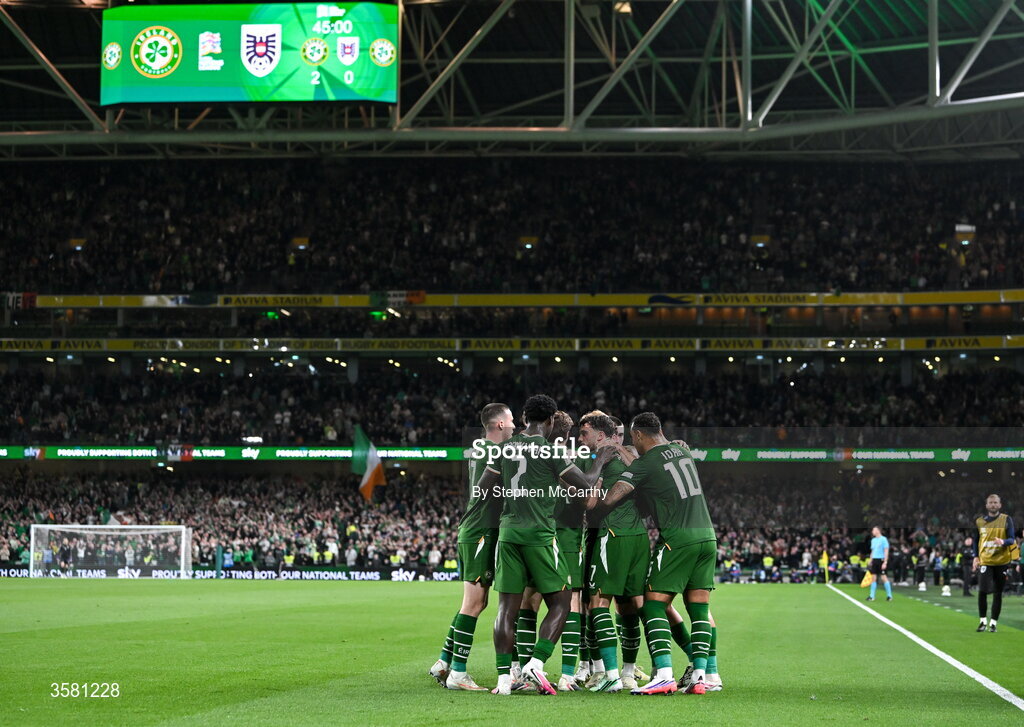 1 October 2026; Troy Parrott of Republic of Ireland celebrates with teammates after scoring his and their side's second goal during the UEFA Nations League B match between the Republic of Ireland and Austria at the Aviva Stadium in Dublin. Photo by Stephen McCarthy/Sportsfile