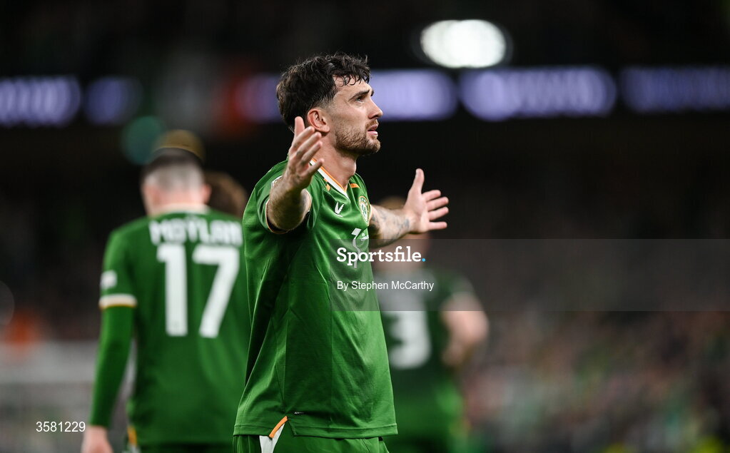 1 October 2026; Troy Parrott of Republic of Ireland celebrates after scoring his and his side's second goal during the UEFA Nations League B match between the Republic of Ireland and Austria at the Aviva Stadium in Dublin. Photo by Stephen McCarthy/Sportsfile