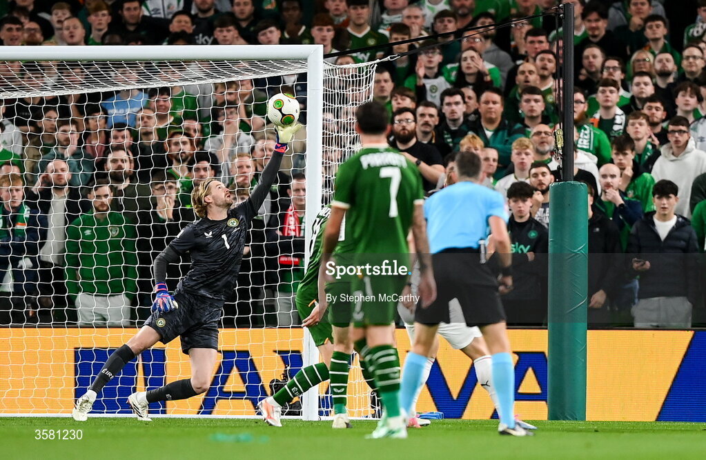 1 October 2026; Republic of Ireland goalkeeper Caoimhín Kelleher makes a save during the UEFA Nations League B match between the Republic of Ireland and Austria at the Aviva Stadium in Dublin. Photo by Stephen McCarthy/Sportsfile