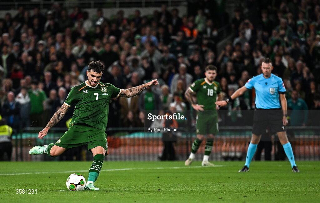 1 October 2026; Troy Parrott of Republic of Ireland shoots to score his and his side's second goal, a penalty, during the UEFA Nations League B match between the Republic of Ireland and Austria at the Aviva Stadium in Dublin. Photo by Paul Phelan/Sportsfile