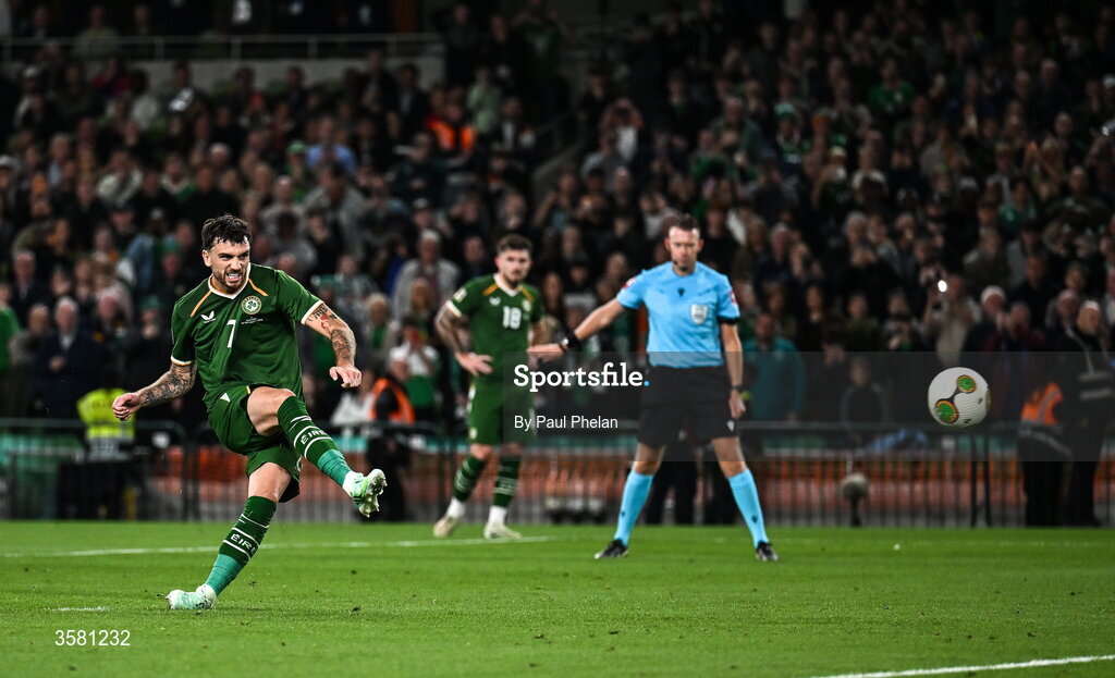 1 October 2026; Troy Parrott of Republic of Ireland shoots to score his and his side's second goal, a penalty, during the UEFA Nations League B match between the Republic of Ireland and Austria at the Aviva Stadium in Dublin. Photo by Paul Phelan/Sportsfile
