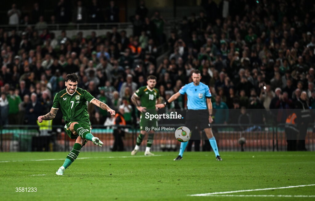1 October 2026; Troy Parrott of Republic of Ireland shoots to score his and his side's second goal, a penalty, during the UEFA Nations League B match between the Republic of Ireland and Austria at the Aviva Stadium in Dublin. Photo by Paul Phelan/Sportsfile