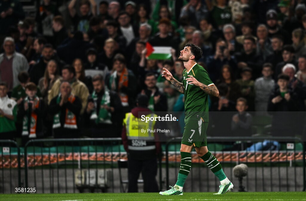 1 October 2026; Troy Parrott of Republic of Ireland celebrates after scoring his and his side's second goal, a penalty, during the UEFA Nations League B match between the Republic of Ireland and Austria at the Aviva Stadium in Dublin. Photo by Paul Phelan/Sportsfile