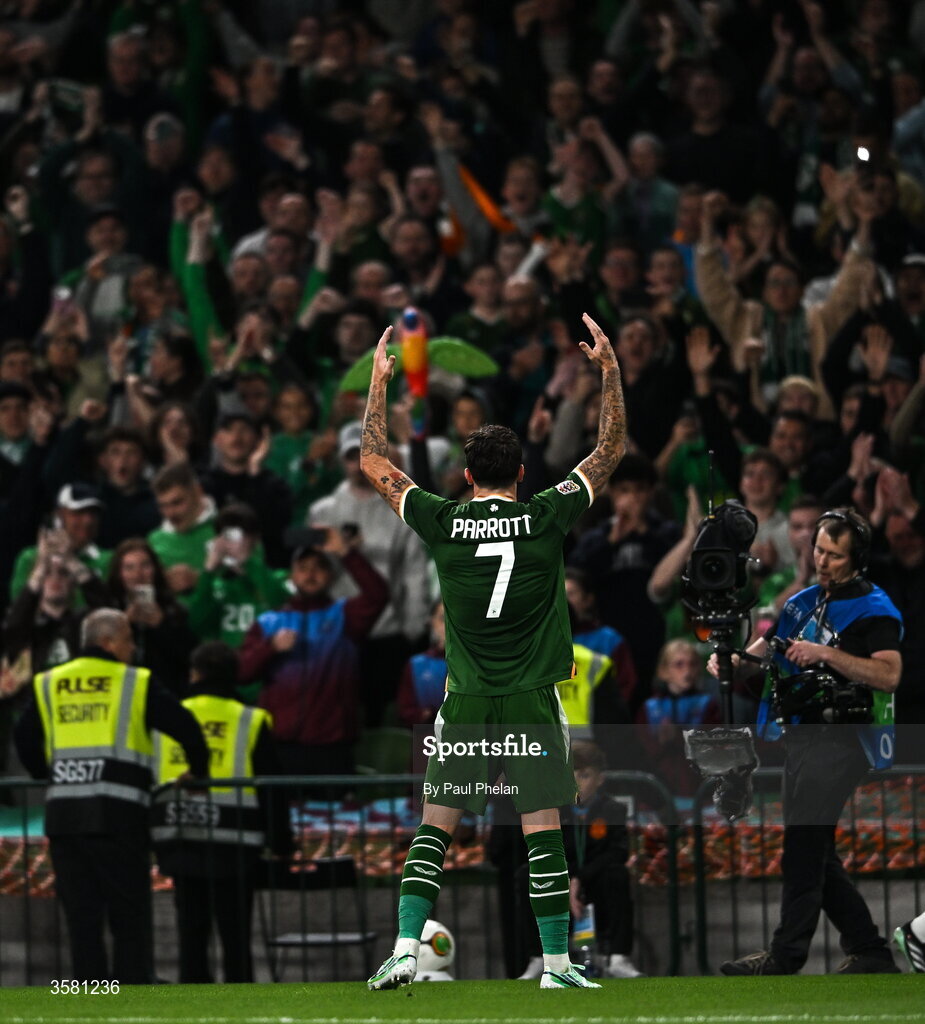 1 October 2026; Troy Parrott of Republic of Ireland celebrates after scoring his and his side's second goal, a penalty, during the UEFA Nations League B match between the Republic of Ireland and Austria at the Aviva Stadium in Dublin. Photo by Paul Phelan/Sportsfile
