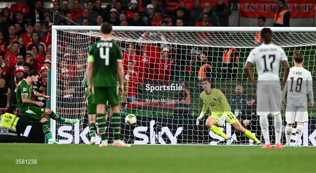1 October 2026; Troy Parrott of Republic of Ireland, 7, scores his and his side's second goal from a penalty during the UEFA Nations League B match between the Republic of Ireland and Austria at the Aviva Stadium in Dublin. Photo by Ben McShane/Sportsfile