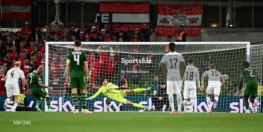 1 October 2026; Troy Parrott of Republic of Ireland, 7, scores his and his side's second goal from a penalty during the UEFA Nations League B match between the Republic of Ireland and Austria at the Aviva Stadium in Dublin. Photo by Ben McShane/Sportsfile