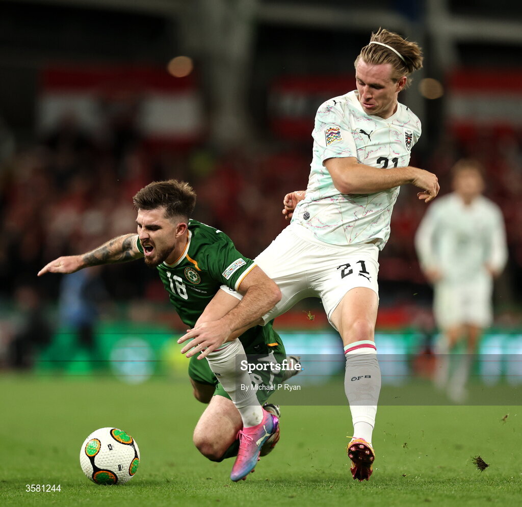 1 October 2026; Patrick Wimmer of Austria in action against Ryan Manning of Republic of Ireland during the UEFA Nations League B match between the Republic of Ireland and Austria at the Aviva Stadium in Dublin. Photo by Michael P Ryan/Sportsfile