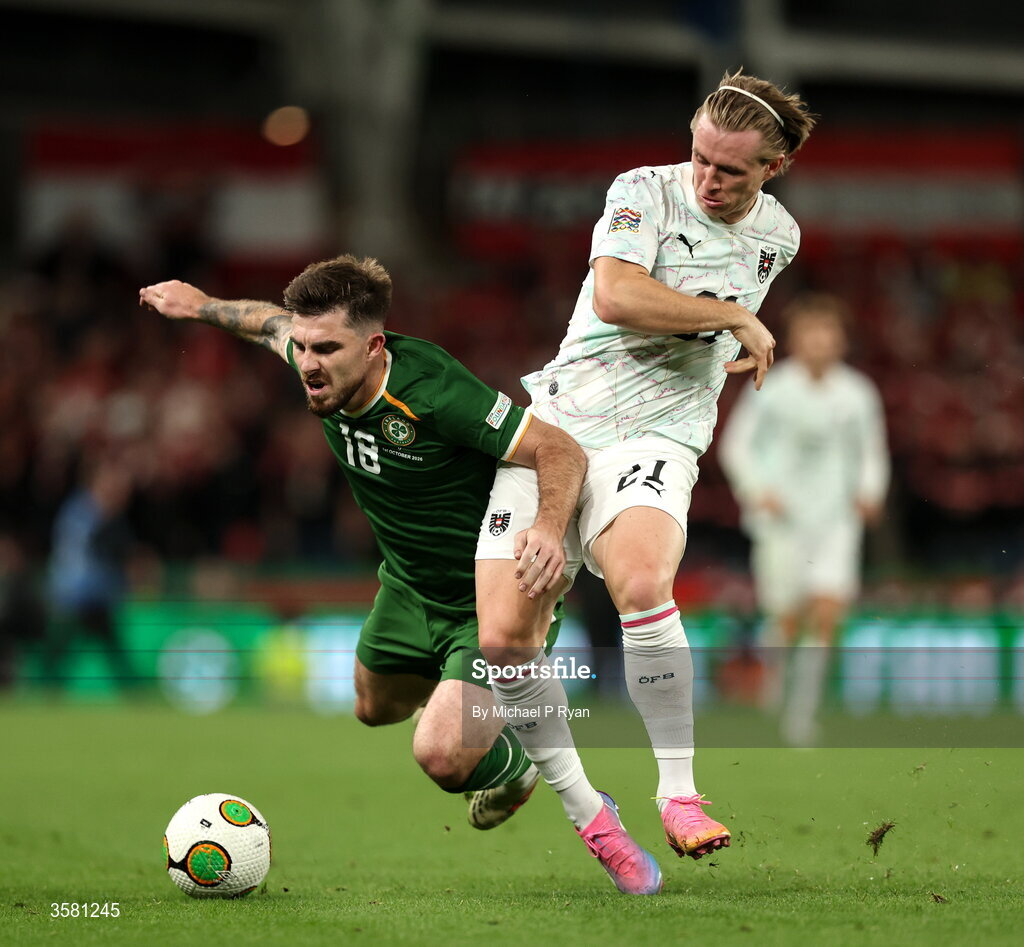 1 October 2026; Patrick Wimmer of Austria in action against Ryan Manning of Republic of Ireland during the UEFA Nations League B match between the Republic of Ireland and Austria at the Aviva Stadium in Dublin. Photo by Michael P Ryan/Sportsfile