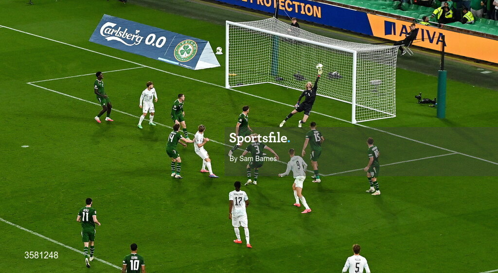 1 October 2026; Republic of Ireland goalkeeper Caoimhín Kelleher makes a save during the UEFA Nations League B match between the Republic of Ireland and Austria at the Aviva Stadium in Dublin. Photo by Sam Barnes/Sportsfile