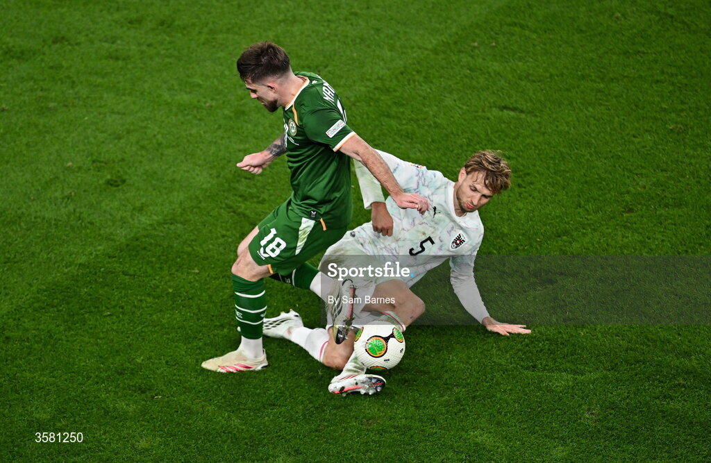 1 October 2026; Ryan Manning of Republic of Ireland is tackled by Stefan Posch of Austria during the UEFA Nations League B match between the Republic of Ireland and Austria at the Aviva Stadium in Dublin. Photo by Sam Barnes/Sportsfile