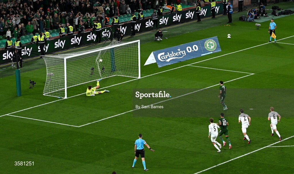 1 October 2026; Troy Parrott of Republic of Ireland shoots to score his and his side's second goal, a penalty, during the UEFA Nations League B match between the Republic of Ireland and Austria at the Aviva Stadium in Dublin. Photo by Sam Barnes/Sportsfile
