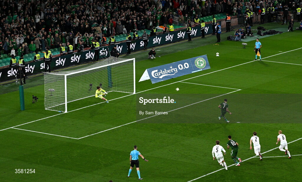 1 October 2026; Troy Parrott of Republic of Ireland shoots to score his and his side's second goal, a penalty, during the UEFA Nations League B match between the Republic of Ireland and Austria at the Aviva Stadium in Dublin. Photo by Sam Barnes/Sportsfile