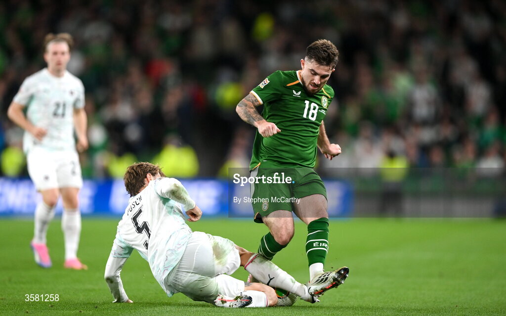 1 October 2026; Ryan Manning of Republic of Ireland is tackled by Stefan Posch of Austria during the UEFA Nations League B match between the Republic of Ireland and Austria at the Aviva Stadium in Dublin. Photo by Stephen McCarthy/Sportsfile