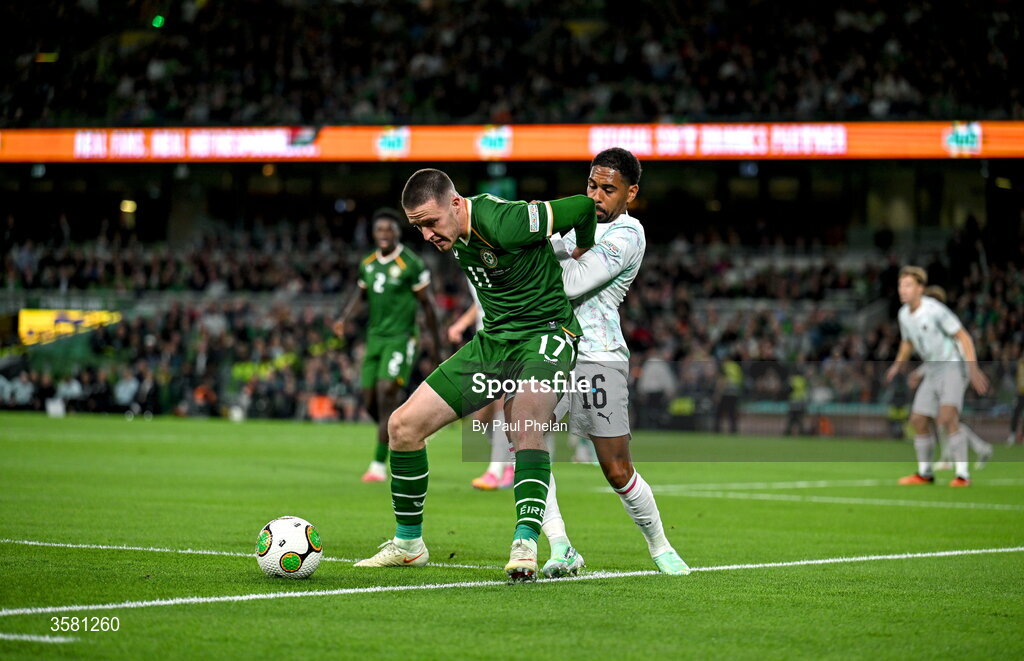 1 October 2026; Jack Moylan of Republic of Ireland in action against Phillipp Mwene of Austria during the UEFA Nations League B match between the Republic of Ireland and Austria at the Aviva Stadium in Dublin. Photo by Paul Phelan/Sportsfile