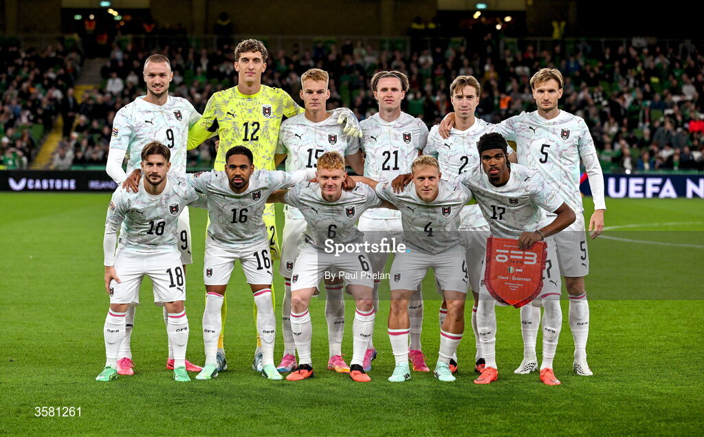 1 October 2026; The Austria team before the UEFA Nations League B match between the Republic of Ireland and Austria at the Aviva Stadium in Dublin. Photo by Paul Phelan/Sportsfile