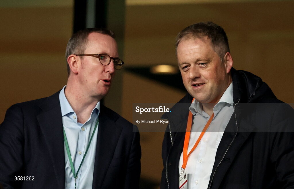 1 October 2026; Minister of State for Europe and Defence Thomas Byrne TD, right, with FAI chief executive officer David Courell during the UEFA Nations League B match between the Republic of Ireland and Austria at the Aviva Stadium in Dublin. Photo by Michael P Ryan/Sportsfile