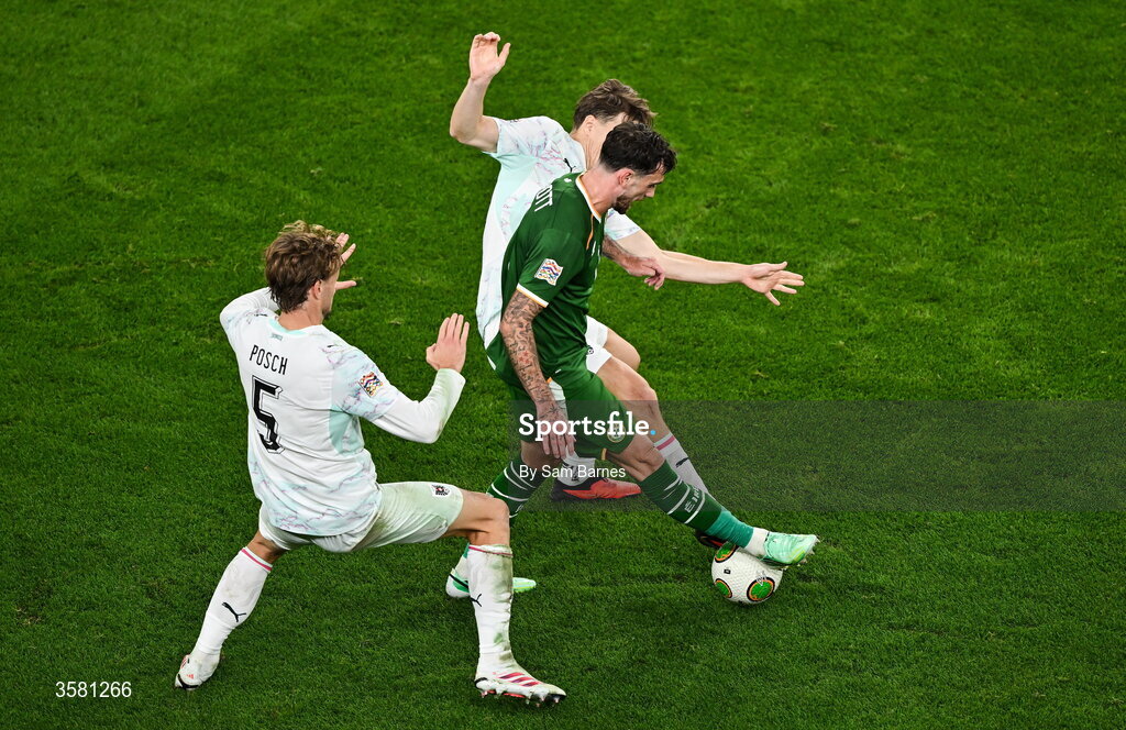 1 October 2026; Troy Parrott of Republic of Ireland in action against Stefan Posch, left, and David Affengruber of Austria during the UEFA Nations League B match between the Republic of Ireland and Austria at the Aviva Stadium in Dublin. Photo by Sam Barnes/Sportsfile
