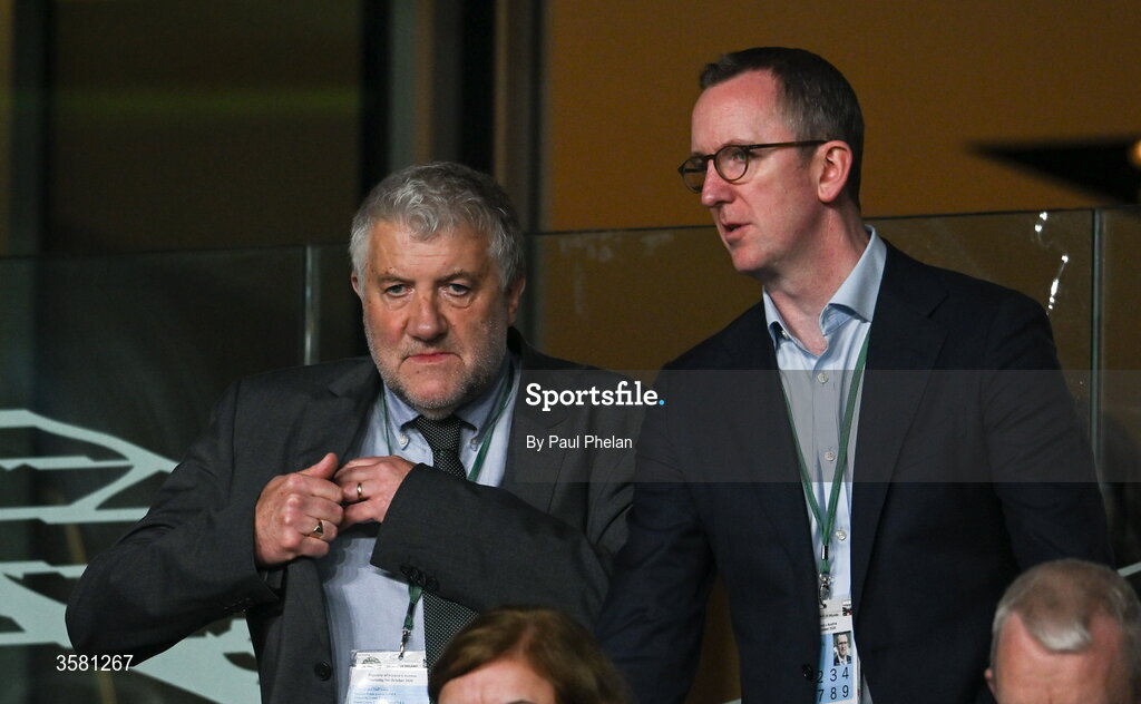 1 October 2026; FAI President Paul Cooke, left, and FAI chief executive officer David Courell before the UEFA Nations League B match between the Republic of Ireland and Austria at the Aviva Stadium in Dublin. Photo by Paul Phelan/Sportsfile