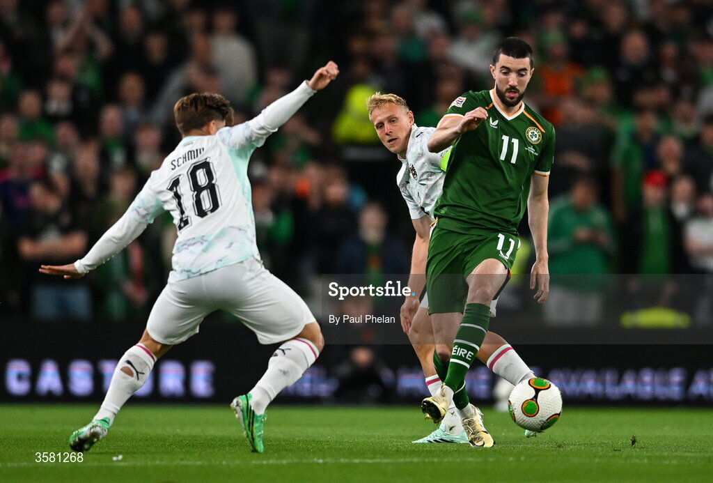 1 October 2026; Finn Azaz of Republic of Ireland in action against Romano Schmid of Austria during the UEFA Nations League B match between the Republic of Ireland and Austria at the Aviva Stadium in Dublin. Photo by Paul Phelan/Sportsfile