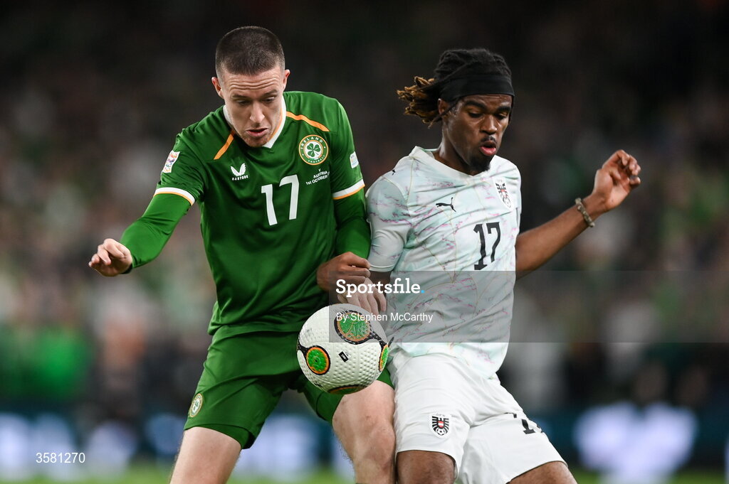 1 October 2026; Jack Moylan of Republic of Ireland in action against Carney Chukwuemeka of Austria during the UEFA Nations League B match between the Republic of Ireland and Austria at the Aviva Stadium in Dublin. Photo by Stephen McCarthy/Sportsfile
