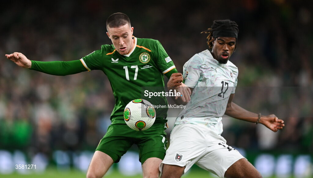 1 October 2026; Jack Moylan of Republic of Ireland in action against Carney Chukwuemeka of Austria during the UEFA Nations League B match between the Republic of Ireland and Austria at the Aviva Stadium in Dublin. Photo by Stephen McCarthy/Sportsfile