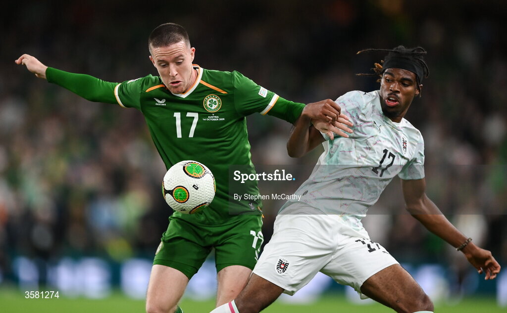 1 October 2026; Jack Moylan of Republic of Ireland in action against Carney Chukwuemeka of Austria during the UEFA Nations League B match between the Republic of Ireland and Austria at the Aviva Stadium in Dublin. Photo by Stephen McCarthy/Sportsfile