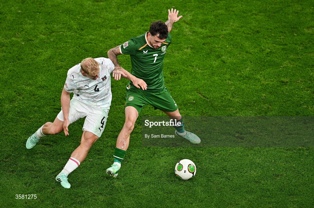 1 October 2026; Troy Parrott of Republic of Ireland in action against Xaver Schlager of Austria during the UEFA Nations League B match between the Republic of Ireland and Austria at the Aviva Stadium in Dublin. Photo by Sam Barnes/Sportsfile