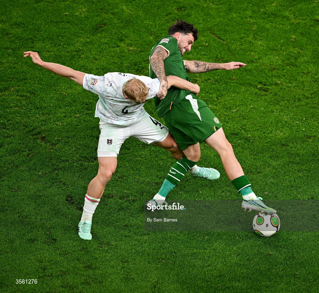 1 October 2026; Troy Parrott of Republic of Ireland in action against Xaver Schlager of Austria during the UEFA Nations League B match between the Republic of Ireland and Austria at the Aviva Stadium in Dublin. Photo by Sam Barnes/Sportsfile