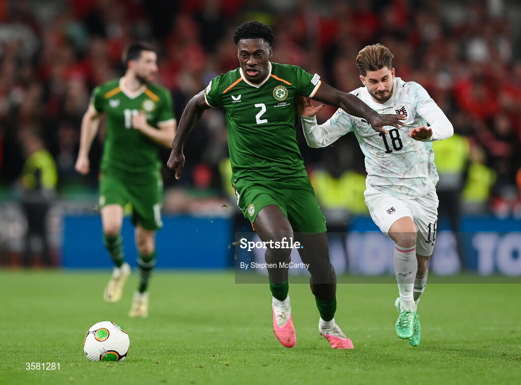 1 October 2026; James Abankwah of Republic of Ireland in action against Romano Schmid of Austria during the UEFA Nations League B match between the Republic of Ireland and Austria at the Aviva Stadium in Dublin. Photo by Stephen McCarthy/Sportsfile