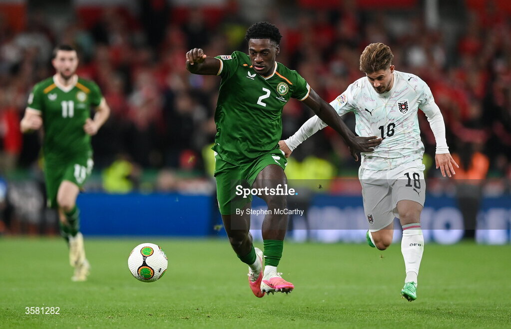 1 October 2026; James Abankwah of Republic of Ireland in action against Romano Schmid of Austria during the UEFA Nations League B match between the Republic of Ireland and Austria at the Aviva Stadium in Dublin. Photo by Stephen McCarthy/Sportsfile
