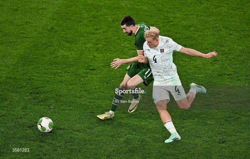 1 October 2026; Finn Azaz of Republic of Ireland in action against Xaver Schlager of Austria during the UEFA Nations League B match between the Republic of Ireland and Austria at the Aviva Stadium in Dublin. Photo by Sam Barnes/Sportsfile