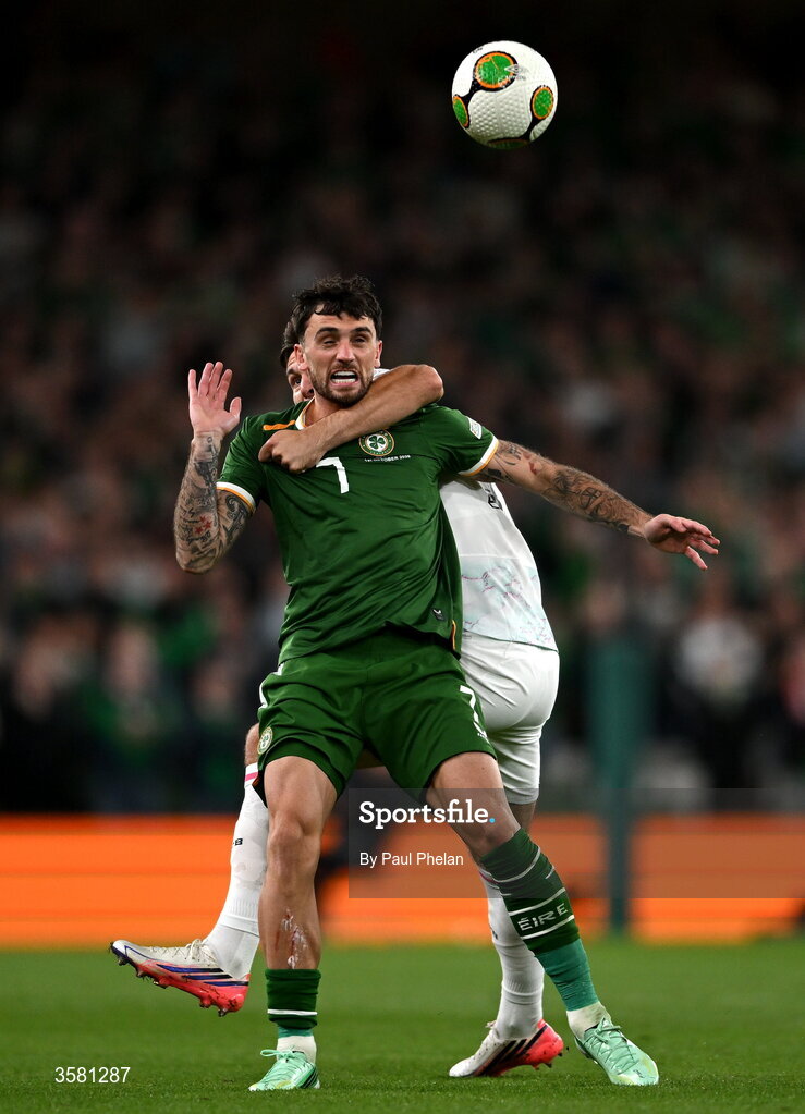 1 October 2026; Troy Parrott of Republic of Ireland in action against Maximilian Wöber of Austria during the UEFA Nations League B match between the Republic of Ireland and Austria at the Aviva Stadium in Dublin. Photo by Paul Phelan/Sportsfile