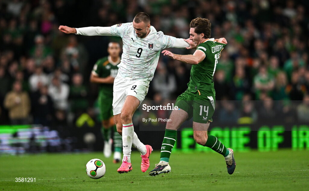 1 October 2026; Sasa Kalajdzic of Austria in action against Conor Coventry of Republic of Ireland during the UEFA Nations League B match between the Republic of Ireland and Austria at the Aviva Stadium in Dublin. Photo by Paul Phelan/Sportsfile