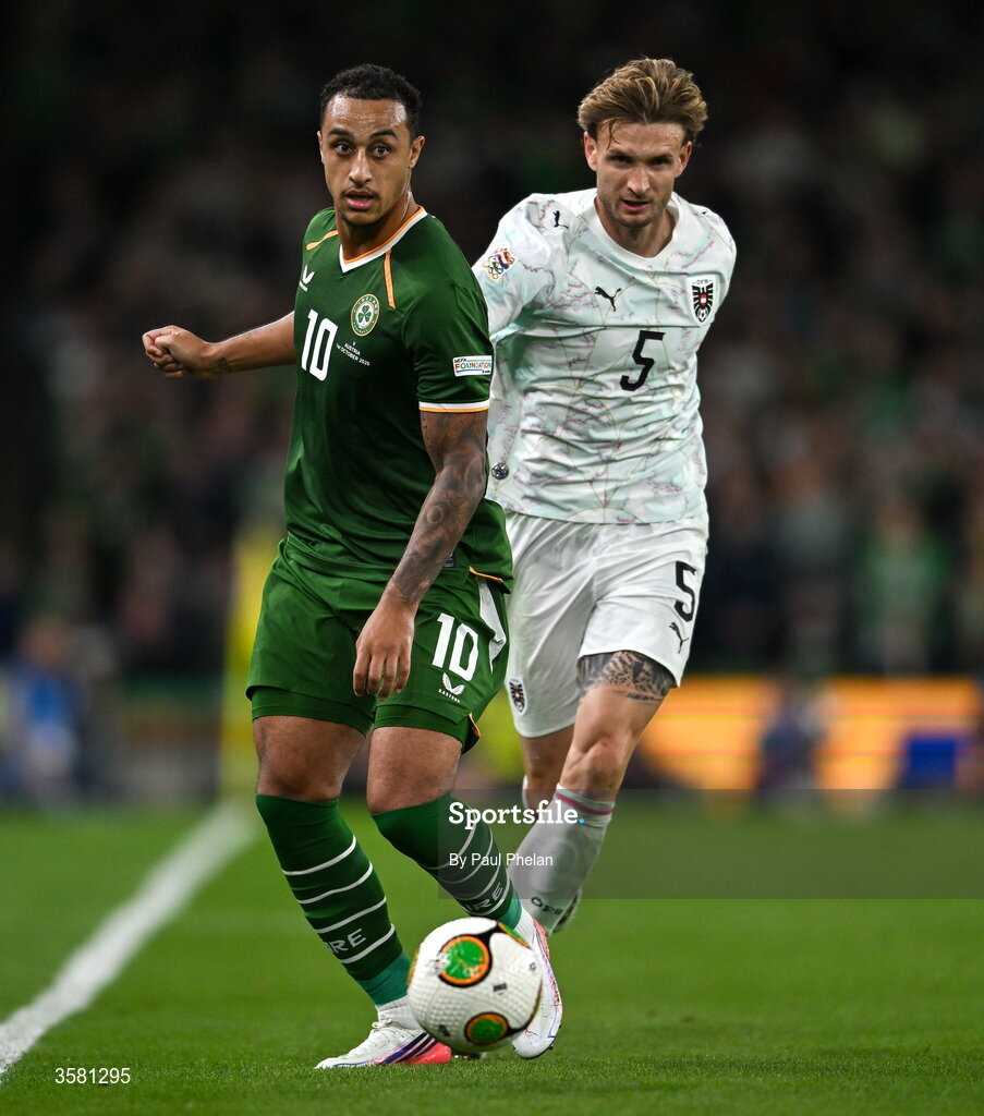 1 October 2026; Adam Idah of Republic of Ireland in action against Stefan Posch of Austria during the UEFA Nations League B match between the Republic of Ireland and Austria at the Aviva Stadium in Dublin. Photo by Paul Phelan/Sportsfile