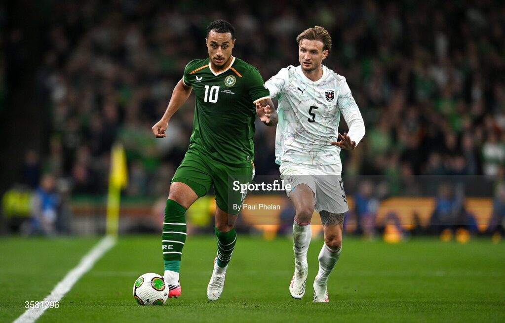 1 October 2026; Adam Idah of Republic of Ireland in action against Stefan Posch of Austria during the UEFA Nations League B match between the Republic of Ireland and Austria at the Aviva Stadium in Dublin. Photo by Paul Phelan/Sportsfile