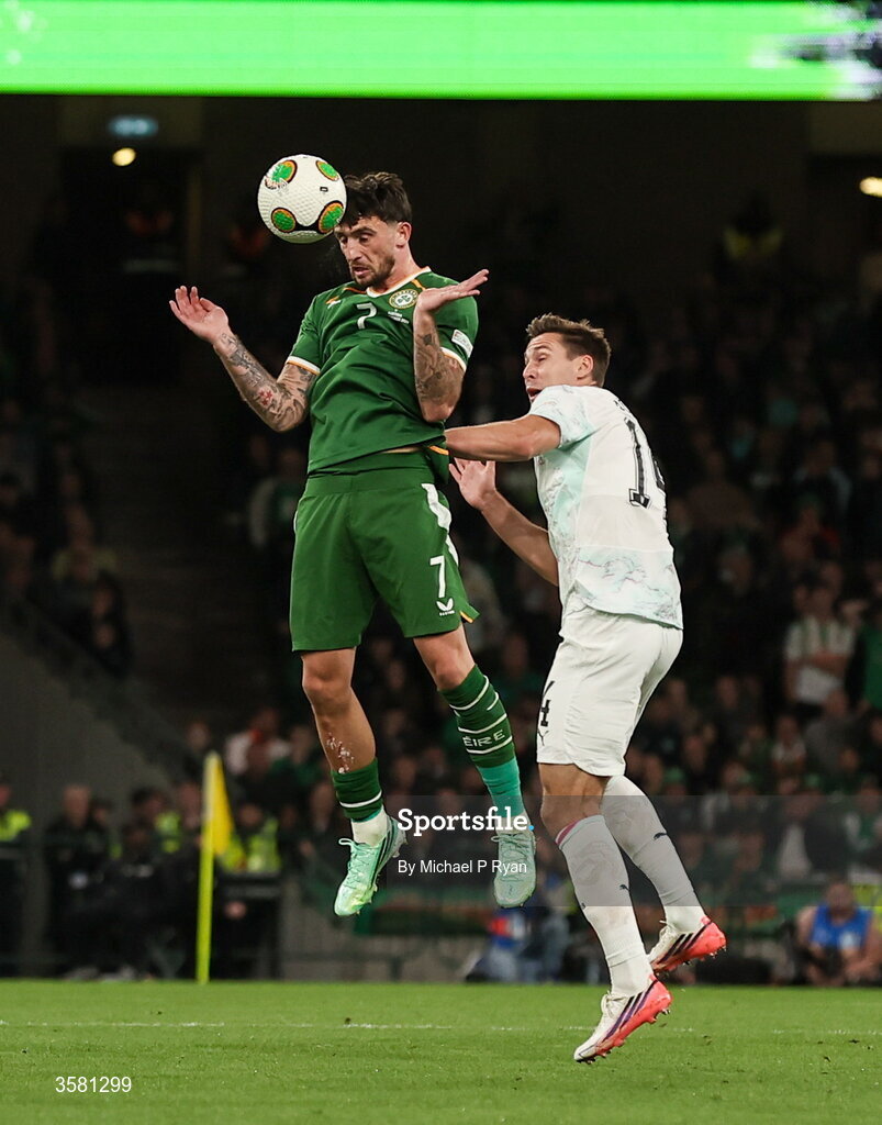 1 October 2026; Troy Parrott of Republic of Ireland in action against Maximilian Wöber of Austria during the UEFA Nations League B match between the Republic of Ireland and Austria at the Aviva Stadium in Dublin. Photo by Michael P Ryan/Sportsfile